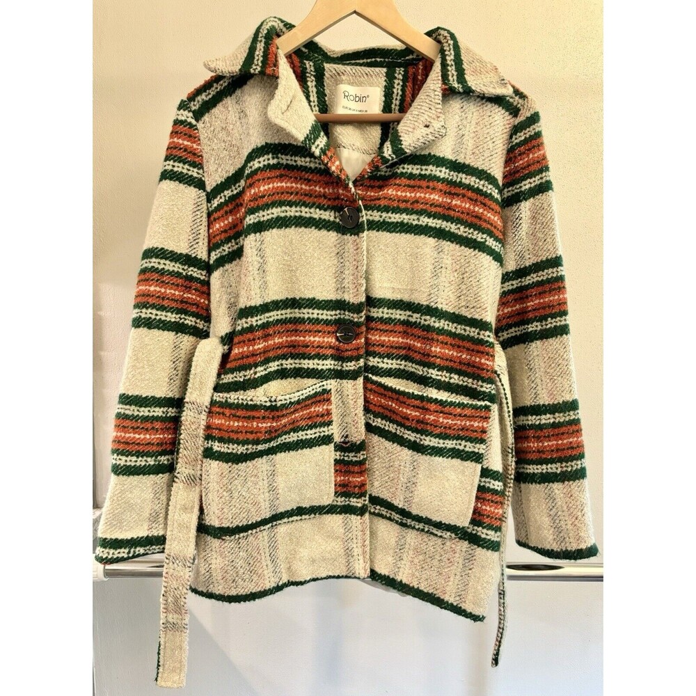 Vintage CPO Button Flannel Belted‎ Shirt Jacket Plaid Green/Red Size 36
